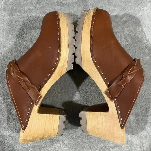 MIA Elsa Clogs 8.5 / 39 Brown Leather Braid Platform Made In Sweden Tan Chunky - Picture 2 of 11